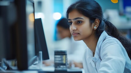 Diverse Young Indian Colleagues Working on Computers in a Research Laboratory Focus on Female Software Developer Colleague Working on a Solution for Their Collaborative Industrial Tech : Generative AI
