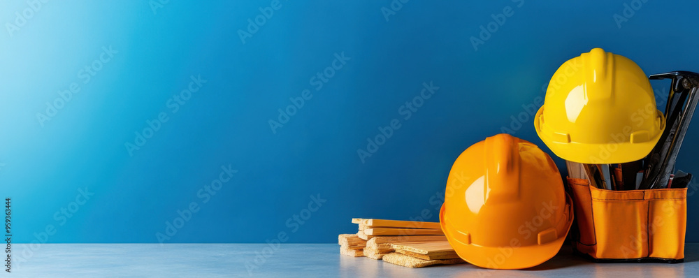 Wall mural yellow and orange construction helmets with a tool pouch on a blue background, representing safety e