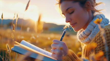 Woman writing reflective journal while sitting in a field at sunset