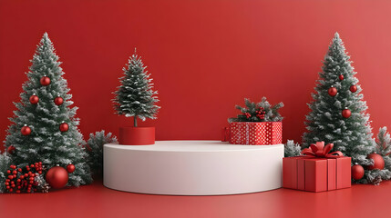 Red Christmas scene with a white podium, a red present box, a small Christmas tree and two large Christmas trees.