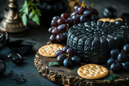 Gothic Halloween-themed charcuterie board with dark cheese and grapes