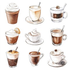 Watercolor illustration sketch coffee cup glass foam aroma grain clipart set 