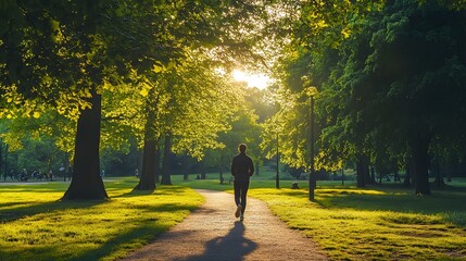 A person taking a mindful walk through a park, enjoying the sights and sounds of nature
