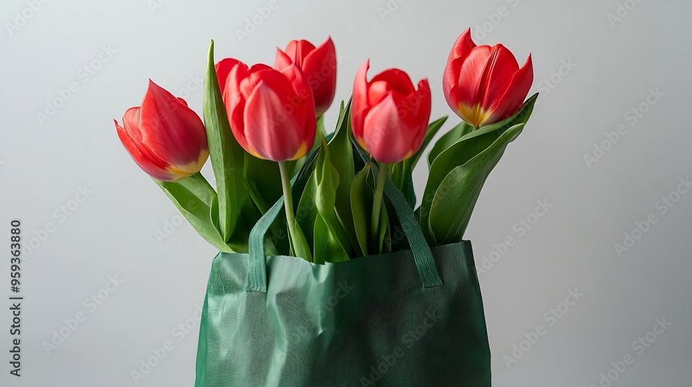 Poster tulip spring flowers in green bag isolated on white background floral composition with beautiful fre