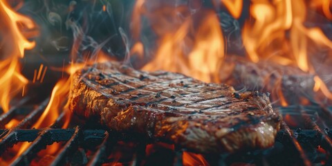 Fototapeta premium Grilling ribeye steak over open flames with a blurred background.