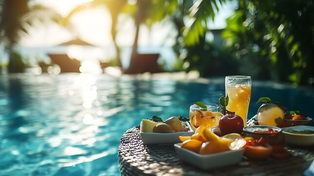 Breakfast in swimming pool floating breakfast in luxurious tropical resort Table relaxing on calm pool water healthy breakfast and fruit plate by resort pool Tropical couple beach luxu : Generative AI
