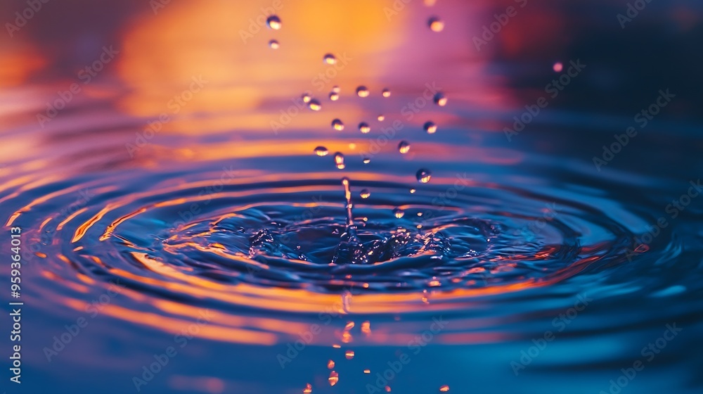 Fototapete Circular wave rings reflecting sky and surrounding Rain drops splashing into water surface causing concentric ripples Bad weather conditions Germany Colorful macro close up with select : Generative AI