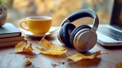 Headphones with autumn leaf and cup of tea with lemon Learning and education concept listening audiobooks podcast music or online courses studying or home office work cozy fall concept : Generative AI