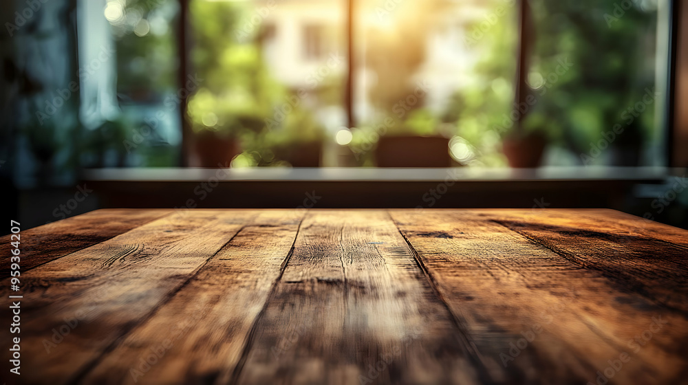 Poster rustic wooden table top with a blurred background of a window with sunlight.