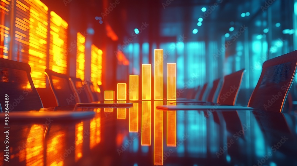 Fototapete Image of bar graph representing growth over empty chairs and table arranged in conference room Digital composite multiple exposure business report profit progress furniture meeting : Generative AI
