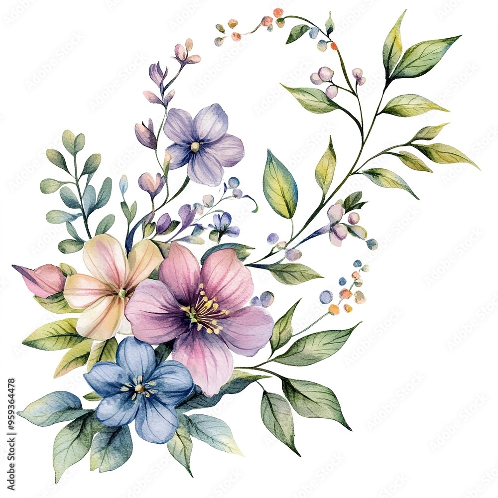 Poster Watercolor colorful spring floral Pastel Leaves and flowers elements isolated on white background, bouquets greeting or wedding card decoration. 