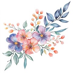 Watercolor colorful spring floral Pastel Leaves and flowers elements isolated on white background, bouquets greeting or wedding card decoration. 