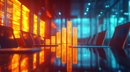 Image of bar graph representing growth over empty chairs and table arranged in conference room Digital composite multiple exposure business report profit progress furniture meeting : Generative AI