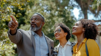 Fototapeta premium real estate agent pointing with hand while showing new cottage to multiethnic couple : Generative AI