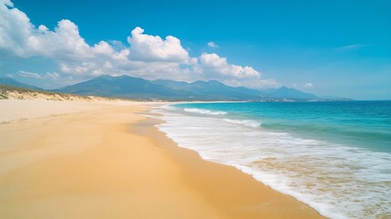 Fototapeta premium Big golden sand beach at sunny day Los Lances beach in Tarifa Cadiz Coast Andalusia Spain Minimalist coastal panorama of a large empty beach : Generative AI