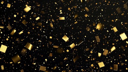 Golden confetti falling against a black background, with varying sizes and shapes of glittery particles creating a shiny and festive effect.