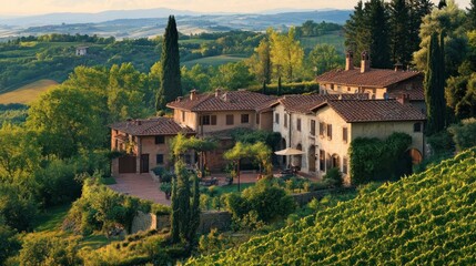 Naklejka premium A luxurious culinary tour through a picturesque vineyard in Tuscany, where travelers participate in wine tasting and learn about traditional Italian cooking in a rustic, scenic setting
