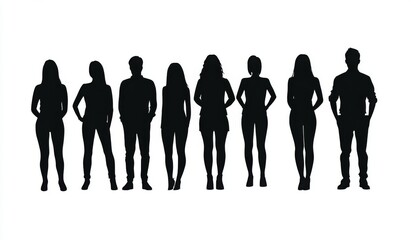 Silhouette of a diverse group of people standing together, including both male and female figures, in a black vector illustration on a white background. Ideal for representing a business team or group