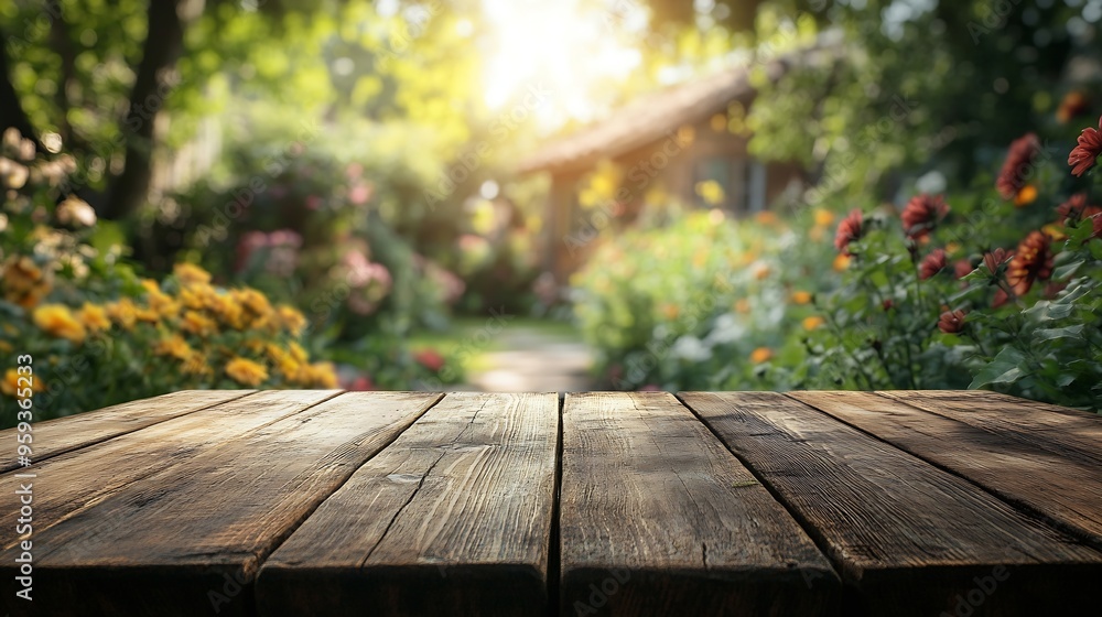 Leinwandbilder select tive focusempty wood table top on blur abstract garden flower with cozy house backgroundfor m