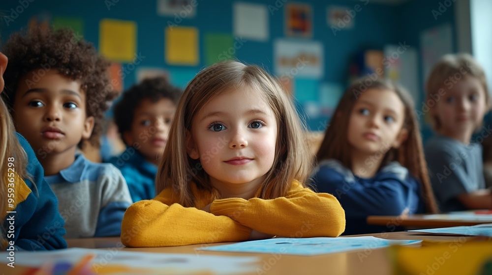 Poster Group of elementary school kids stand around a table in a classroom attentively following a lesson being taught by their teacher Young students engaging in a fun activity of colouring  : Generative AI