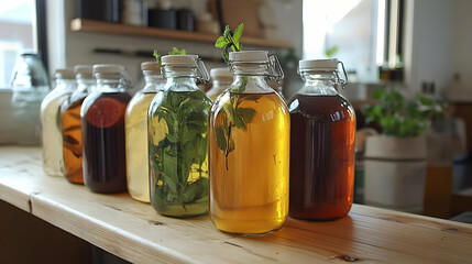 Seven glass bottles with metal lids filled with different liquids on a wooden table.
