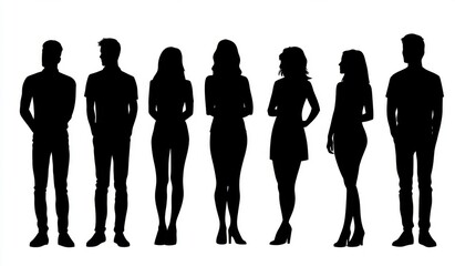 Silhouette of a diverse group of people standing together, including both male and female figures, in a black vector illustration on a white background. Ideal for representing a business team or group