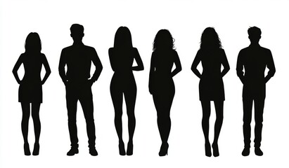 Silhouette of a diverse group of people standing together, including both male and female figures, in a black vector illustration on a white background. Ideal for representing a business team or group