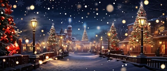 Obraz premium A snowy winter scene with Christmas trees lit up and falling snow in a quaint European town.