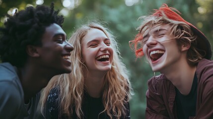 Obraz premium A group of friends laughing and enjoying each other's company in a park