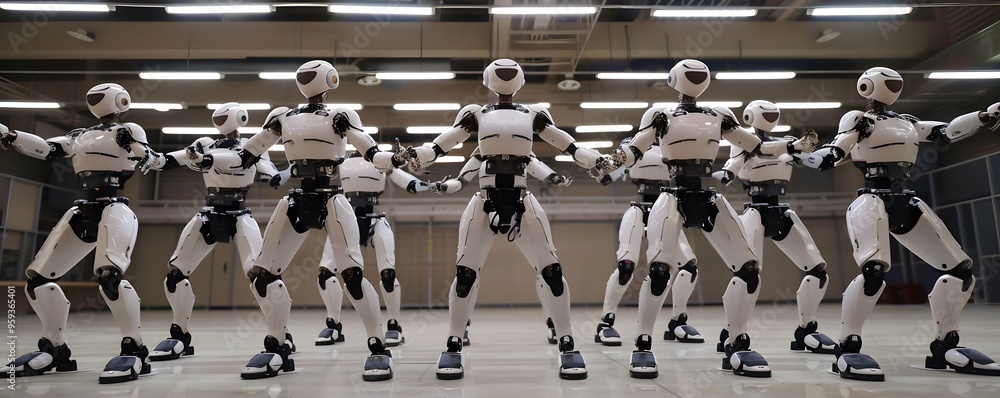 Poster a lineup of humanoid robots showcasing advanced technology and design in a modern indoor environment
