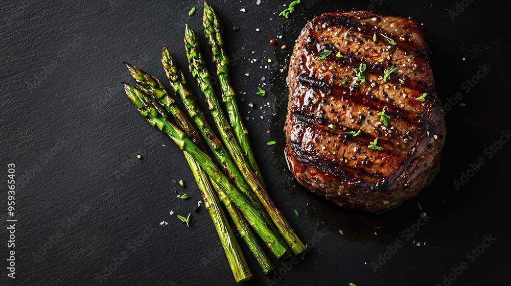 Aufkleber grilled fillet mignon steak with roasted asparagus black background top view copy space : generative