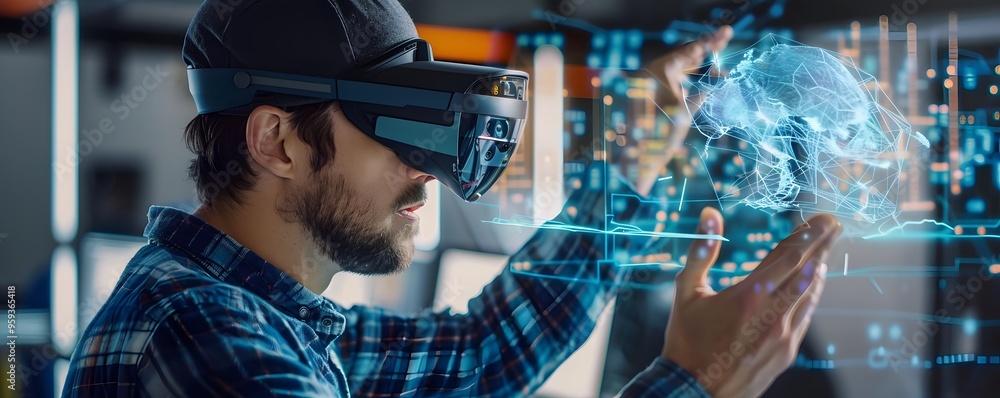 Poster a man wearing a virtual reality headset interacts with a holographic brain display in a futuristic t