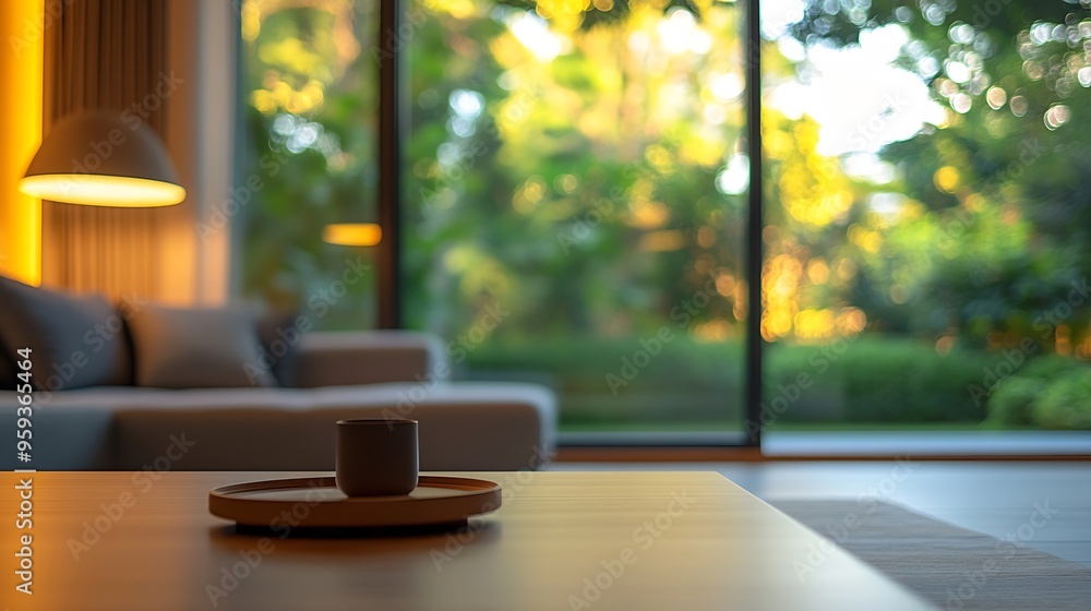 Poster blur image of living room with furniture at home with sunlight for background usage blur interior co
