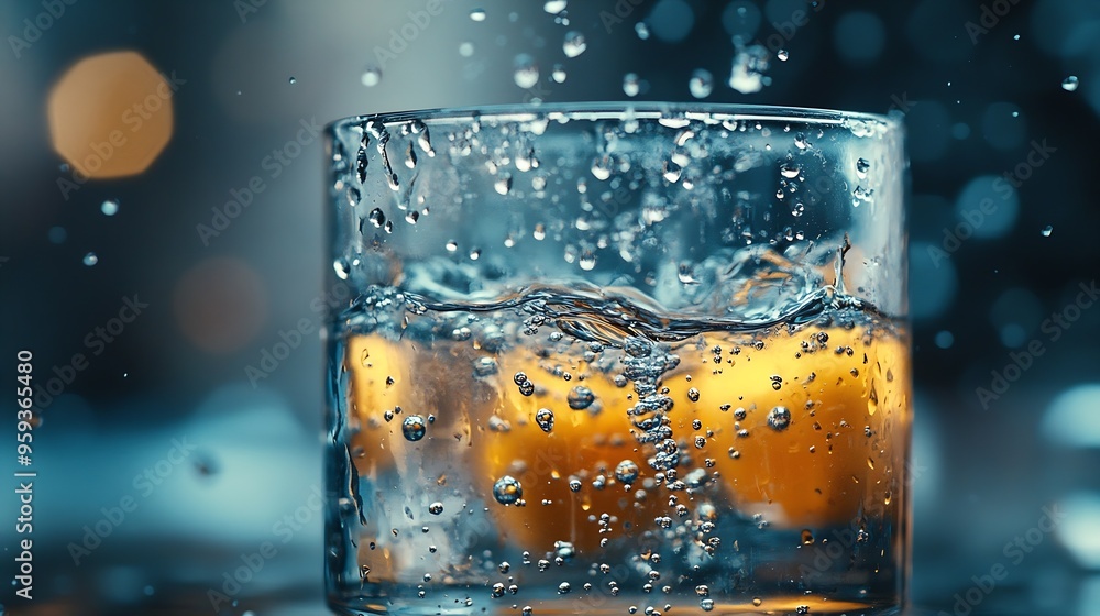 Poster drink clean water in a glass and the bubbles look like splashes and waves : generative ai