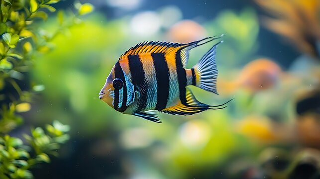 portrait of a zebra Angelfish in tank fish with blurred background Pterophyllum scalare : Generative AI