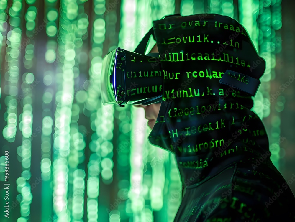 Poster a person wearing a vr headset surrounded by digital binary code, representing the fusion of technolo