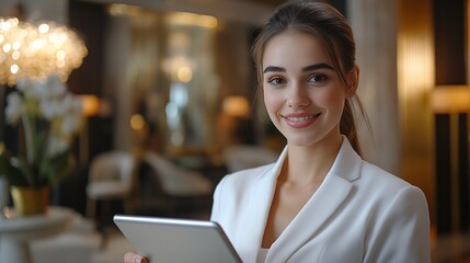 Portrait of beautiful young professional receptionist using tablet online looking at camera and smiling Busy luxury hotel manager talking on phone taking calls on background : Generative AI
