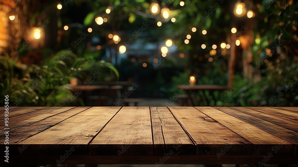 Poster Empty wood table for product display in blur background of admirable restaurant at night : Generative AI