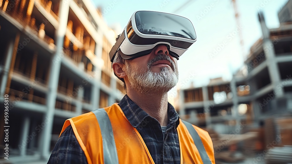Poster engineer man with virtual reality glasses at construction site : generative ai