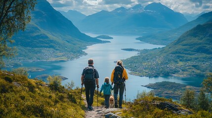 Obraz premium People adult with kids and pet dog hiking mount Hoven enjoying the splendid view over Nordfjord from the Loen skylift : Generative AI