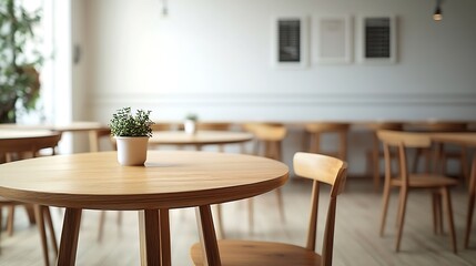 Empty wooden tables and chairs in coffee shop with white wall and floor : Generative AI