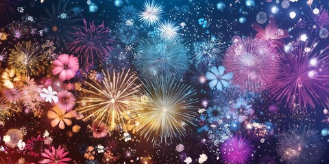 Fototapeta premium Colorful New Year fireworks display against a dark blue background, dazzling and vibrant, perfect for celebrating the New Year.