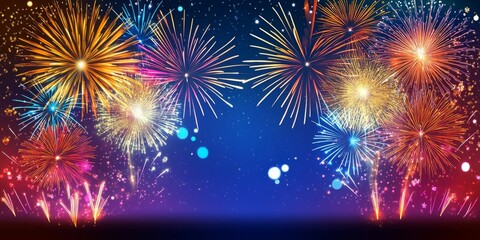 Fototapeta premium Colorful New Year fireworks display against a dark blue background, dazzling and vibrant, perfect for celebrating the New Year.