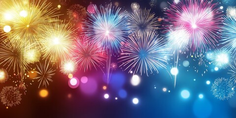 Fototapeta premium Colorful New Year fireworks display against a dark blue background, dazzling and vibrant, perfect for celebrating the New Year.