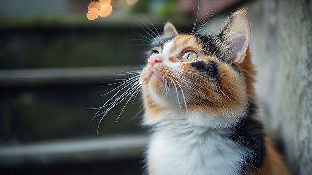 Curious cat looking up at something intensely Fluffy calico kitty with long white whiskers staring at a toy fly or some lights while sitting on stairs Female long hair calico cat Selec : Generative AI