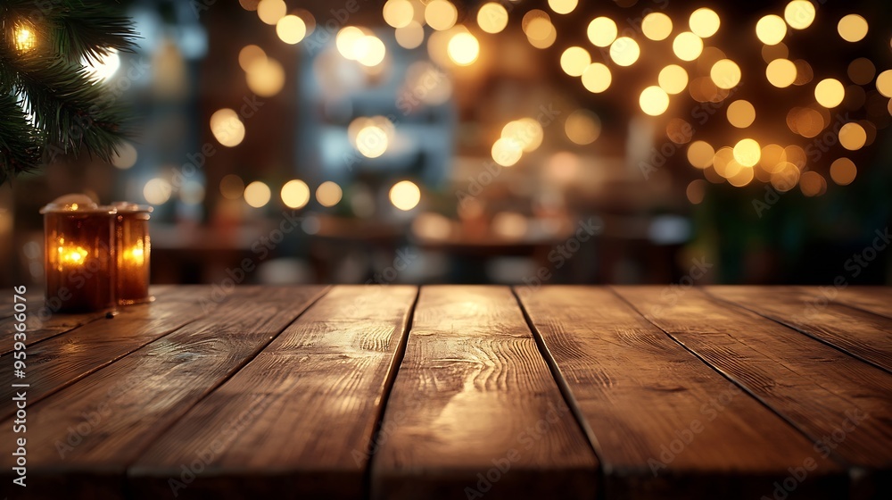 Poster empty wooden table top with lights bokeh on blur restaurant background : generative ai