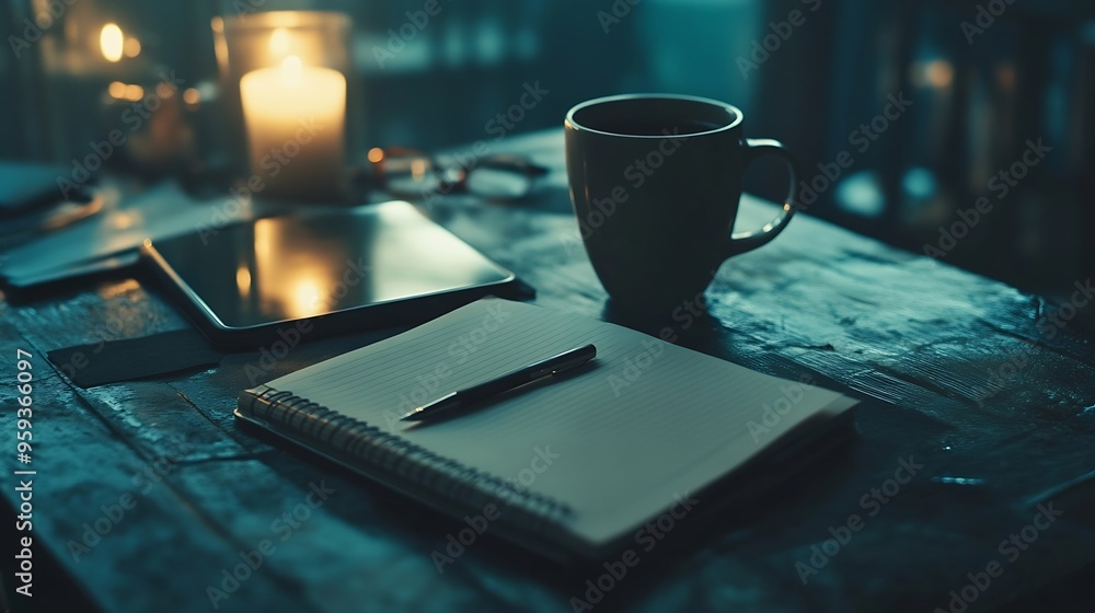 Poster A smartphone notebook pen and cup on the table : Generative AI