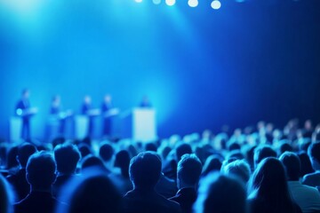Audience at an event watching presenters on stage, with blue hues and a blurred background, creating depth. Web banner with copy space on the right side.