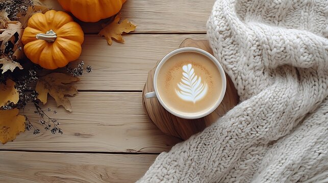 Cozy autumn table scene with pumpkins sweater natural decor and pumpkin spice latte Top down view over a white wood background : Generative AI
