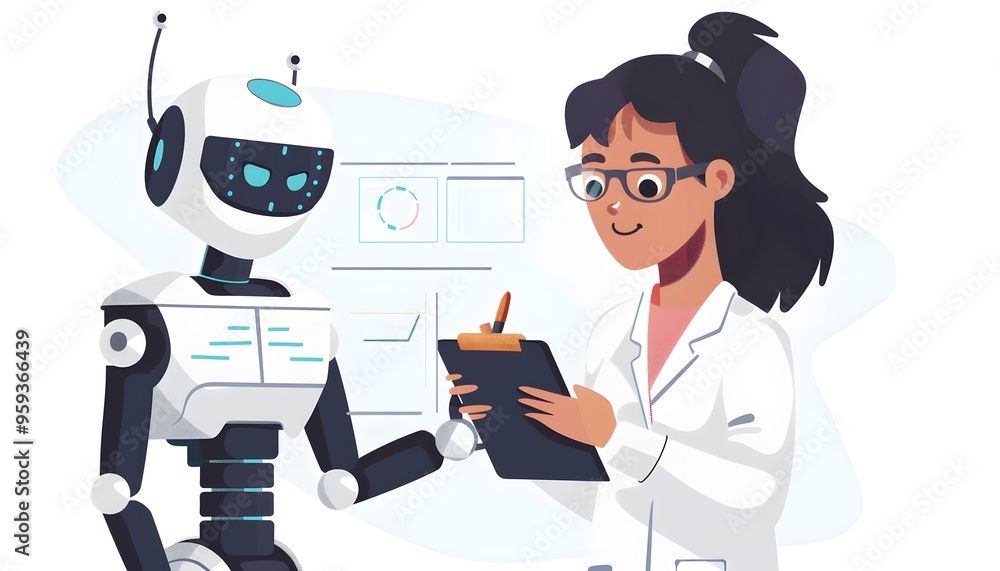 Poster a scientist interacts with a robot, showcasing collaboration between technology and research in a mo